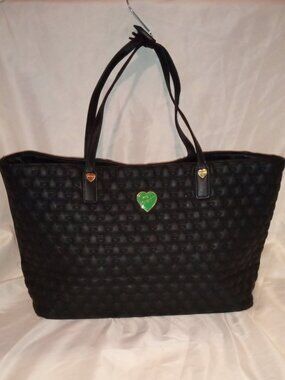 BLACK QUILTED BETSEY JOHNSON XOX LARGE TOTE BAG WITH PINK FLOWERS DESIGN INSIDE